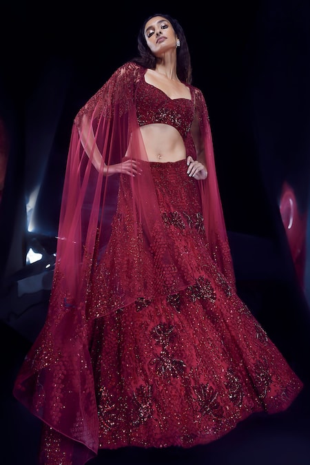 Rohit Gandhi + Rahul Khanna Red Tulle Embellished Cutdana Sweetheart Neck Floral Bridal Lehenga Set 