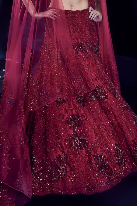 Rohit Gandhi + Rahul Khanna Red Tulle Sequins, Crystals, Cut Work, Floral Embellished Bridal Lehenga Set Online at Aza Fashions Rohit Gandhi + Rahul Khanna_Red Tulle Sequins, Crystals, Cut Work, Floral Embellished Bridal Lehenga Set _Online_at_Aza_Fashions