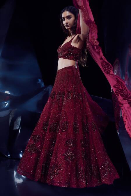 Shop Rohit Gandhi + Rahul Khanna Red Tulle Sequins, Crystals, Cut Work, Floral Embellished Bridal Lehenga Set Online at Aza Fashions Shop_Rohit Gandhi + Rahul Khanna_Red Tulle Sequins, Crystals, Cut Work, Floral Embellished Bridal Lehenga Set _Online_at_Aza_Fashions
