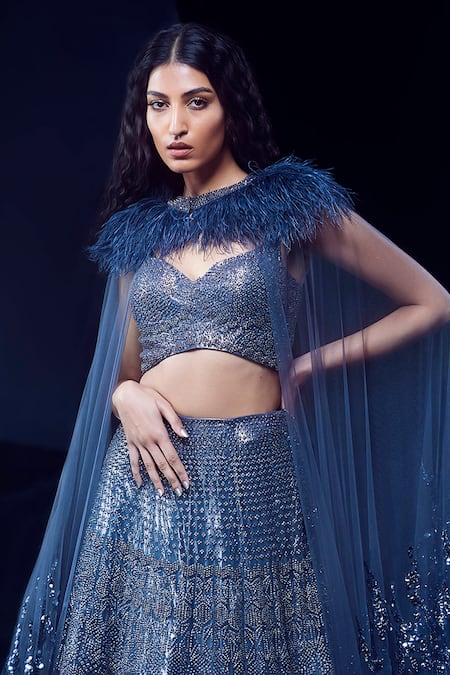 Rohit Gandhi + Rahul Khanna Feather Embellished Cape Lehenga Set 