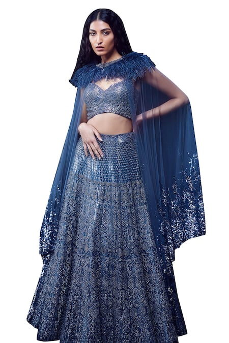 Rohit Gandhi + Rahul Khanna_Grey Tulle Sequins, Beads, Feathers Sweetheart Neck Embellished Cape Lehenga Set _Online_at_Aza_Fashions