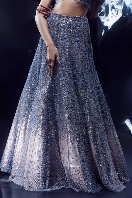 Rohit Gandhi + Rahul Khanna_Blue Tulle Crystals, Beads, Sequins, Callista Chevron Embroidered Lehenga Set _Online_at_Aza_Fashions