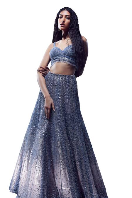 Buy_Rohit Gandhi + Rahul Khanna_Blue Tulle Crystals, Beads, Sequins, Callista Chevron Embroidered Lehenga Set _Online_at_Aza_Fashions