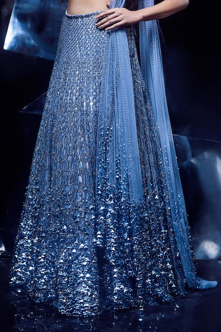 Rohit Gandhi + Rahul Khanna_Blue Tulle Crystals, Sequins, Cut Work, Carina Dandelion Embellished Lehenga Set _Online_at_Aza_Fashions