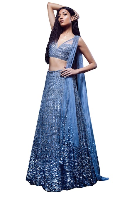 Buy_Rohit Gandhi + Rahul Khanna_Blue Tulle Crystals, Sequins, Cut Work, Carina Dandelion Embellished Lehenga Set _Online_at_Aza_Fashions