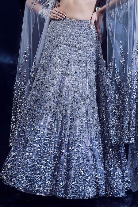 Rohit Gandhi + Rahul Khanna_Silver Tulle Rhinestones, Fringe, Sequins Charon Embellished Lehenga Set _Online_at_Aza_Fashions