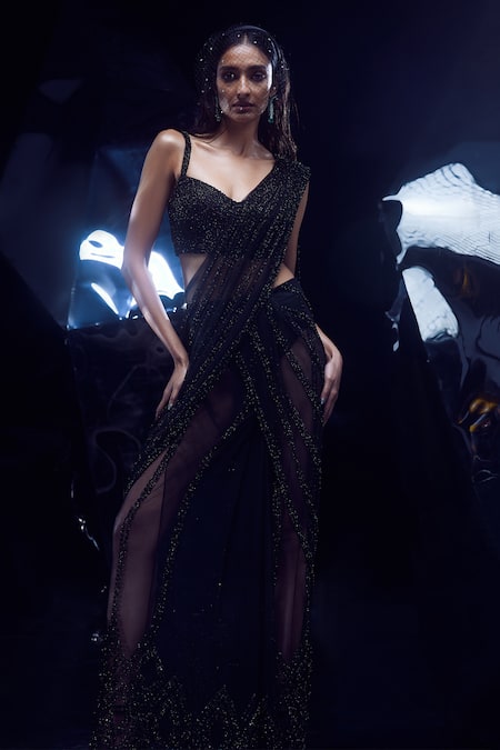 Rohit Gandhi + Rahul Khanna Black Tulle Embellished Cutdana Sweetheart Ersa Pre-stitched Saree With Blouse