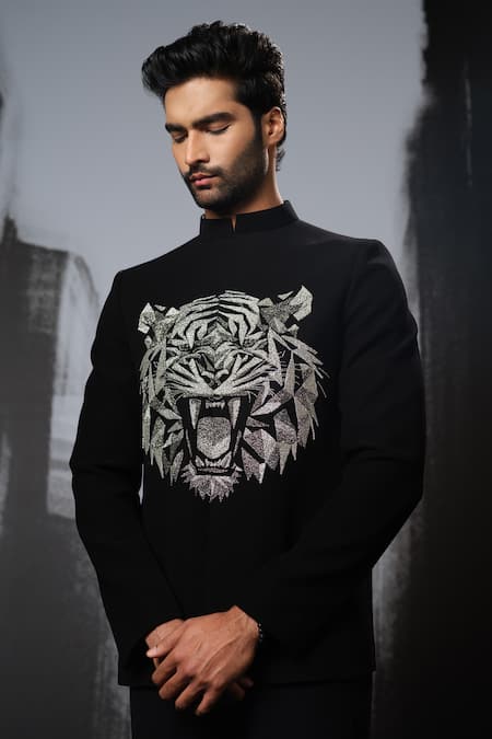 Shop Sanjana Reddy Designs Black Poly Italian Embroidery Cutdana 3d Tiger Pattern Bandhgala Set at Aza Fashions Shop_Sanjana Reddy Designs_Black Poly Italian Embroidery Cutdana 3d Tiger Pattern Bandhgala Set _at_Aza_Fashions