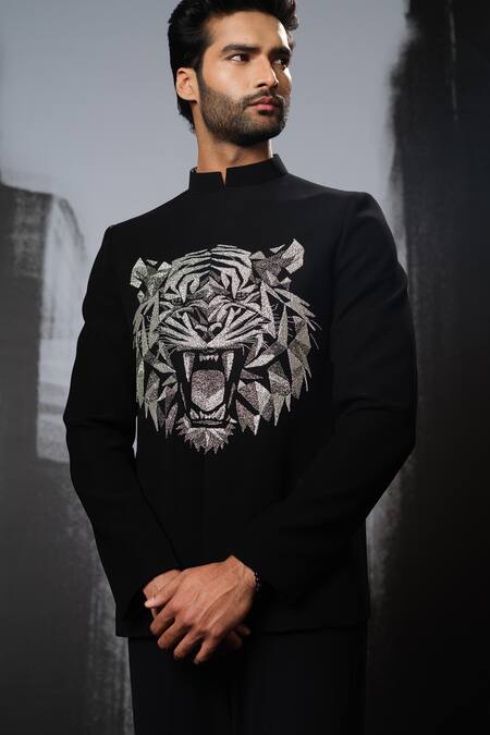 Buy Sanjana Reddy Designs Black Poly Italian Embroidery Cutdana 3d Tiger Pattern Bandhgala Set Online at Aza Fashions Buy_Sanjana Reddy Designs_Black Poly Italian Embroidery Cutdana 3d Tiger Pattern Bandhgala Set _Online_at_Aza_Fashions