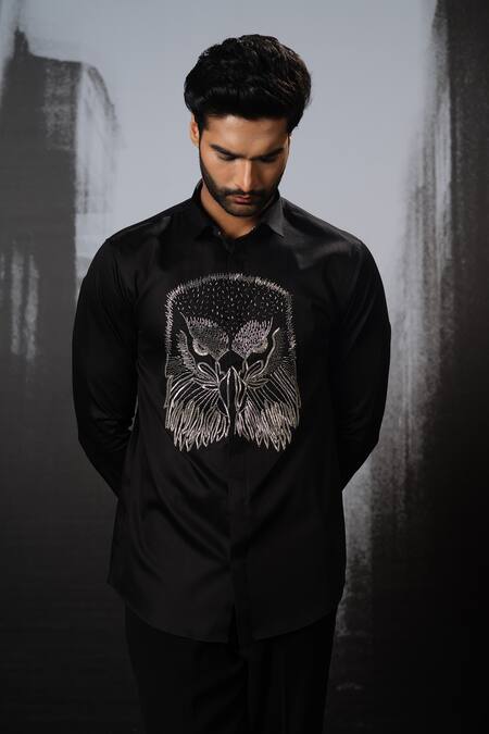 Shop Sanjana Reddy Designs Black Stretchable Cotton Embroidery Cutdana Eagle Face Shirt at Aza Fashions Shop_Sanjana Reddy Designs_Black Stretchable Cotton Embroidery Cutdana Eagle Face Shirt _at_Aza_Fashions