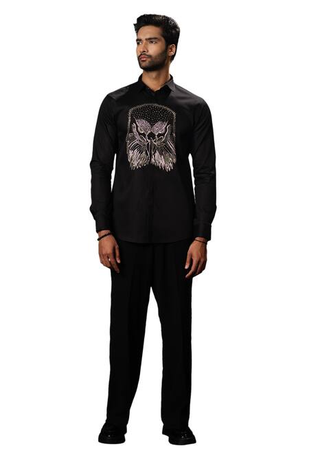 Sanjana Reddy Designs Black Stretchable Cotton Embroidery Cutdana Eagle Face Shirt Online at Aza Fashions Sanjana Reddy Designs_Black Stretchable Cotton Embroidery Cutdana Eagle Face Shirt _Online_at_Aza_Fashions