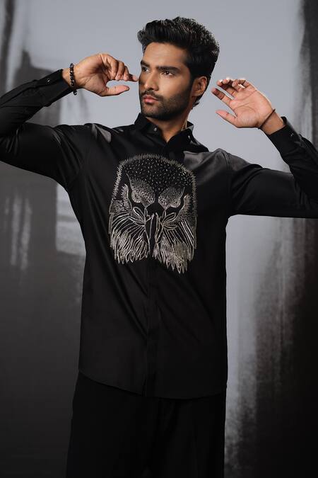 Buy Sanjana Reddy Designs Black Stretchable Cotton Embroidery Cutdana Eagle Face Shirt Online at Aza Fashions Buy_Sanjana Reddy Designs_Black Stretchable Cotton Embroidery Cutdana Eagle Face Shirt _Online_at_Aza_Fashions