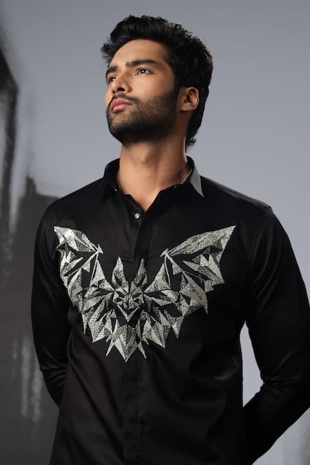 Shop Sanjana Reddy Designs Black Stretchable Cotton Embroidery Cutdana 3d Bat Hand Shirt at Aza Fashions Shop_Sanjana Reddy Designs_Black Stretchable Cotton Embroidery Cutdana 3d Bat Hand Shirt _at_Aza_Fashions