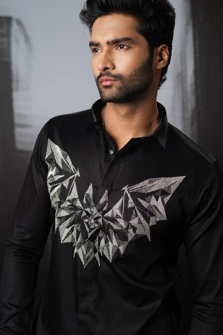 Sanjana Reddy Designs Black Stretchable Cotton Embroidery Cutdana 3d Bat Hand Shirt Online at Aza Fashions Sanjana Reddy Designs_Black Stretchable Cotton Embroidery Cutdana 3d Bat Hand Shirt _Online_at_Aza_Fashions
