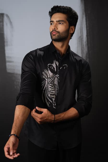 Shop Sanjana Reddy Designs Black Stretchable Cotton Embroidery Cutdana Zebra Placement Shirt at Aza Fashions Shop_Sanjana Reddy Designs_Black Stretchable Cotton Embroidery Cutdana Zebra Placement Shirt _at_Aza_Fashions