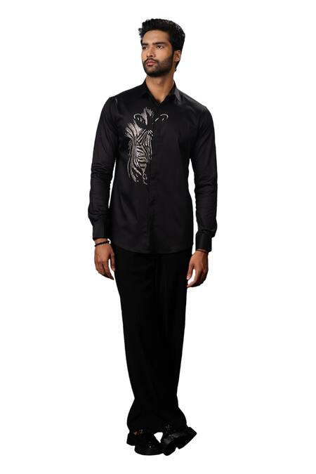 Sanjana Reddy Designs Black Stretchable Cotton Embroidery Cutdana Zebra Placement Shirt Online at Aza Fashions Sanjana Reddy Designs_Black Stretchable Cotton Embroidery Cutdana Zebra Placement Shirt _Online_at_Aza_Fashions