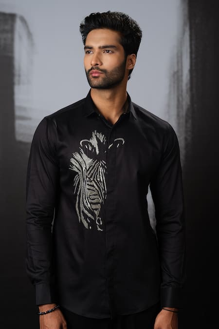 Buy Sanjana Reddy Designs Black Stretchable Cotton Embroidery Cutdana Zebra Placement Shirt Online at Aza Fashions Buy_Sanjana Reddy Designs_Black Stretchable Cotton Embroidery Cutdana Zebra Placement Shirt _Online_at_Aza_Fashions
