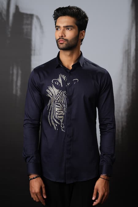 Shop Sanjana Reddy Designs Blue Stretchable Cotton Embroidery Cutdana Zebra Shirt at Aza Fashions Shop_Sanjana Reddy Designs_Blue Stretchable Cotton Embroidery Cutdana Zebra Shirt _at_Aza_Fashions