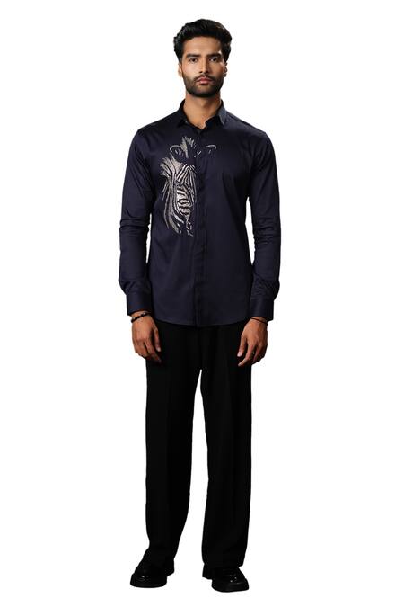 Sanjana Reddy Designs Blue Stretchable Cotton Embroidery Cutdana Zebra Shirt Online at Aza Fashions Sanjana Reddy Designs_Blue Stretchable Cotton Embroidery Cutdana Zebra Shirt _Online_at_Aza_Fashions