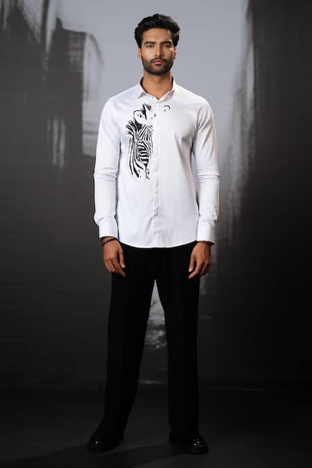 Sanjana reddy Designs White Stretchable Cotton Embroidery Cutdana Zebra Hand Shirt