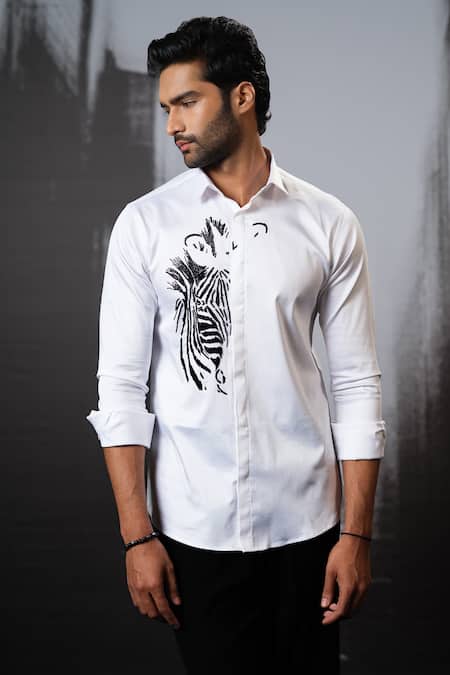 Shop Sanjana Reddy Designs White Stretchable Cotton Embroidery Cutdana Zebra Hand Shirt at Aza Fashions Shop_Sanjana Reddy Designs_White Stretchable Cotton Embroidery Cutdana Zebra Hand Shirt _at_Aza_Fashions