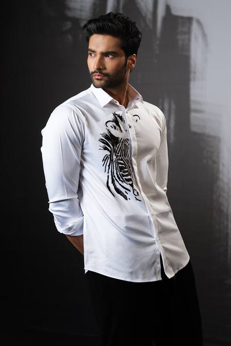 Sanjana Reddy Designs White Stretchable Cotton Embroidery Cutdana Zebra Hand Shirt Online at Aza Fashions Sanjana Reddy Designs_White Stretchable Cotton Embroidery Cutdana Zebra Hand Shirt _Online_at_Aza_Fashions