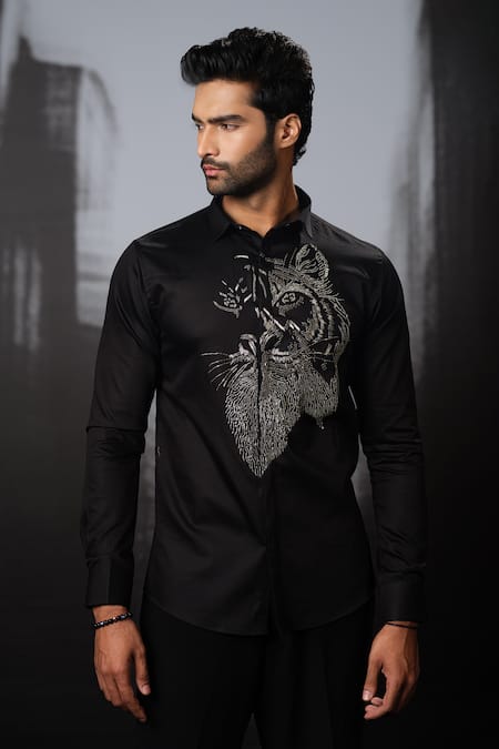 Shop Sanjana Reddy Designs Black Stretchable Cotton Embroidery Cutdana Lion Face Shirt at Aza Fashions Shop_Sanjana Reddy Designs_Black Stretchable Cotton Embroidery Cutdana Lion Face Shirt _at_Aza_Fashions