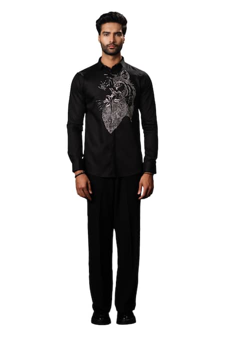 Sanjana Reddy Designs Black Stretchable Cotton Embroidery Cutdana Lion Face Shirt Online at Aza Fashions Sanjana Reddy Designs_Black Stretchable Cotton Embroidery Cutdana Lion Face Shirt _Online_at_Aza_Fashions