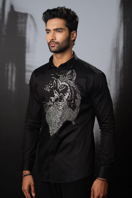 Buy Sanjana Reddy Designs Black Stretchable Cotton Embroidery Cutdana Lion Face Shirt Online at Aza Fashions Buy_Sanjana Reddy Designs_Black Stretchable Cotton Embroidery Cutdana Lion Face Shirt _Online_at_Aza_Fashions