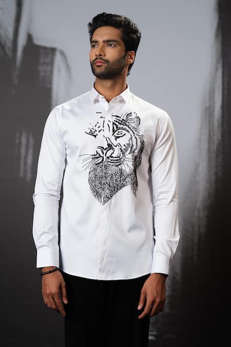 Shop Sanjana Reddy Designs White Stretchable Cotton Embroidery Cutdana Lion Face Placement Shirt at Aza Fashions Shop_Sanjana Reddy Designs_White Stretchable Cotton Embroidery Cutdana Lion Face Placement Shirt _at_Aza_Fashions