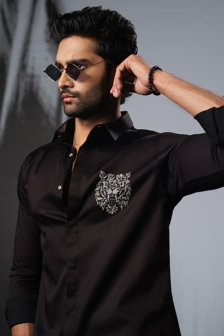 Shop Sanjana Reddy Designs Black Cotton Cut Work Tiger Placement Embroidered Shirt at Aza Fashions Shop_Sanjana Reddy Designs_Black Cotton Cut Work Tiger Placement Embroidered Shirt _at_Aza_Fashions