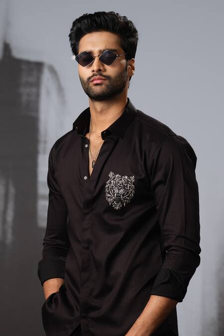 Sanjana Reddy Designs Black Cotton Cut Work Tiger Placement Embroidered Shirt Online at Aza Fashions Sanjana Reddy Designs_Black Cotton Cut Work Tiger Placement Embroidered Shirt _Online_at_Aza_Fashions