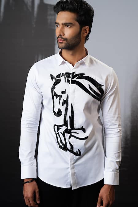 Shop Sanjana Reddy Designs White Stretchable Cotton Embroidery Cutdana Running Horse Shirt at Aza Fashions Shop_Sanjana Reddy Designs_White Stretchable Cotton Embroidery Cutdana Running Horse Shirt _at_Aza_Fashions