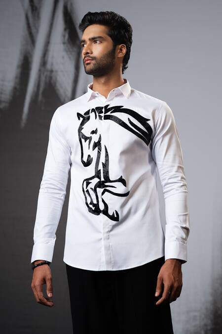 Sanjana Reddy Designs White Stretchable Cotton Embroidery Cutdana Running Horse Shirt Online at Aza Fashions Sanjana Reddy Designs_White Stretchable Cotton Embroidery Cutdana Running Horse Shirt _Online_at_Aza_Fashions
