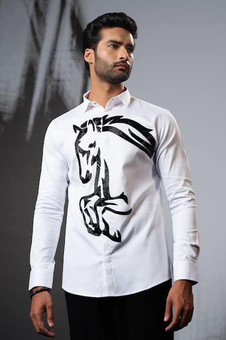 Buy Sanjana Reddy Designs White Stretchable Cotton Embroidery Cutdana Running Horse Shirt Online at Aza Fashions Buy_Sanjana Reddy Designs_White Stretchable Cotton Embroidery Cutdana Running Horse Shirt _Online_at_Aza_Fashions