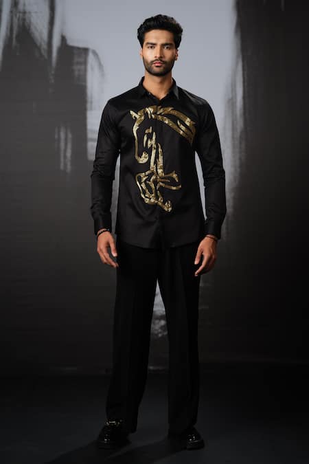 Shop Sanjana Reddy Designs Black Stretchable Cotton Embroidery Cutdana Running Horse Placement Shirt at Aza Fashions Shop_Sanjana Reddy Designs_Black Stretchable Cotton Embroidery Cutdana Running Horse Placement Shirt _at_Aza_Fashions