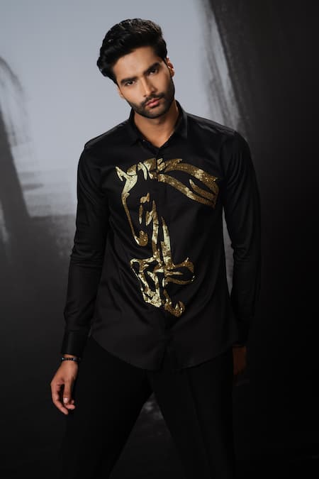 Buy Sanjana Reddy Designs Black Stretchable Cotton Embroidery Cutdana Running Horse Placement Shirt Online at Aza Fashions Buy_Sanjana Reddy Designs_Black Stretchable Cotton Embroidery Cutdana Running Horse Placement Shirt _Online_at_Aza_Fashions