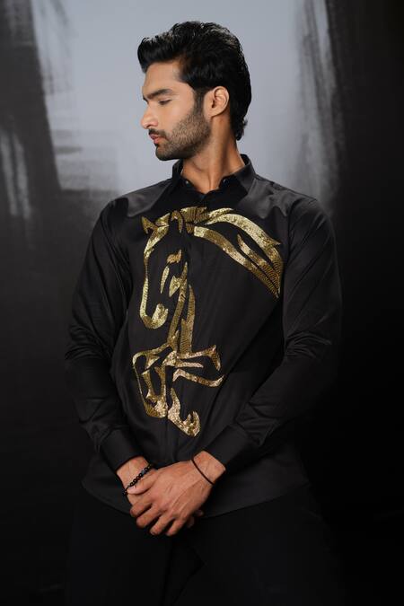 Shop Sanjana Reddy Designs Black Stretchable Cotton Embroidery Cutdana Running Horse Placement Shirt Online at Aza Fashions Shop_Sanjana Reddy Designs_Black Stretchable Cotton Embroidery Cutdana Running Horse Placement Shirt _Online_at_Aza_Fashions