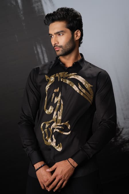 Sanjana Reddy Designs Black Stretchable Cotton Embroidery Cutdana Running Horse Placement Shirt at Aza Fashions Sanjana Reddy Designs_Black Stretchable Cotton Embroidery Cutdana Running Horse Placement Shirt _at_Aza_Fashions