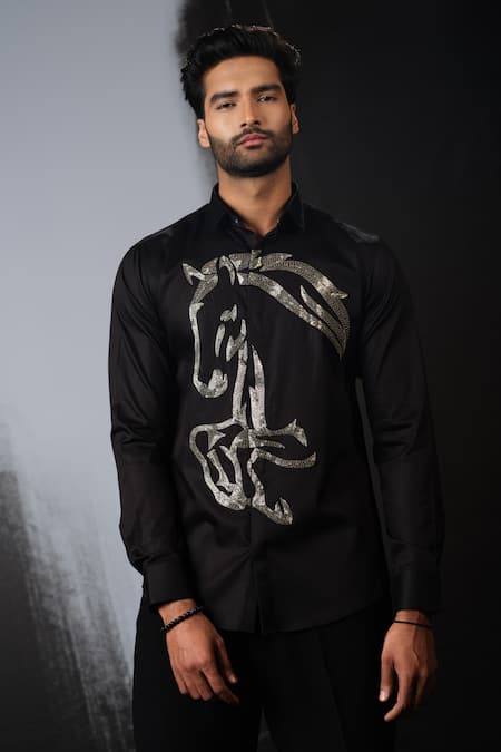 Shop Sanjana Reddy Designs Black Stretchable Cotton Embroidery Running Horse Placement Pattern Shirt at Aza Fashions Shop_Sanjana Reddy Designs_Black Stretchable Cotton Embroidery Running Horse Placement Pattern Shirt _at_Aza_Fashions