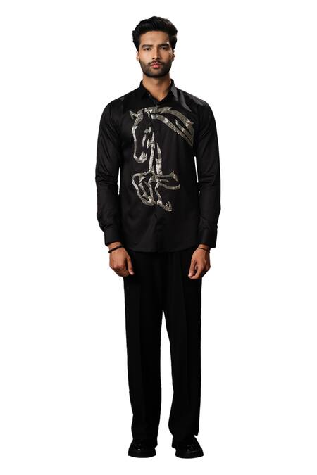 Sanjana Reddy Designs Black Stretchable Cotton Embroidery Running Horse Placement Pattern Shirt Online at Aza Fashions Sanjana Reddy Designs_Black Stretchable Cotton Embroidery Running Horse Placement Pattern Shirt _Online_at_Aza_Fashions