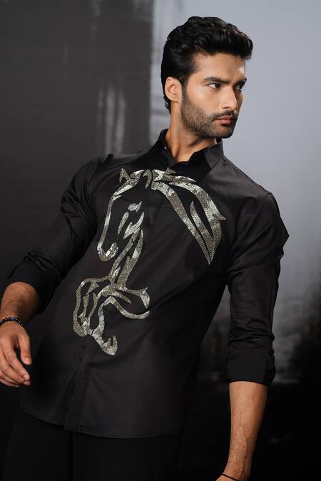 Buy Sanjana Reddy Designs Black Stretchable Cotton Embroidery Running Horse Placement Pattern Shirt Online at Aza Fashions Buy_Sanjana Reddy Designs_Black Stretchable Cotton Embroidery Running Horse Placement Pattern Shirt _Online_at_Aza_Fashions