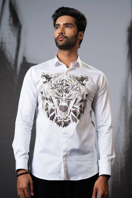 Shop Sanjana Reddy Designs White Stretchable Cotton Embroidery Cutdana 3d Tiger Face Shirt at Aza Fashions Shop_Sanjana Reddy Designs_White Stretchable Cotton Embroidery Cutdana 3d Tiger Face Shirt _at_Aza_Fashions