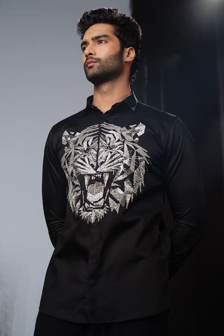 Shop Sanjana Reddy Designs Black Cotton Cut Work 3d Tiger Face Hand Embroidered Shirt at Aza Fashions Shop_Sanjana Reddy Designs_Black Cotton Cut Work 3d Tiger Face Hand Embroidered Shirt _at_Aza_Fashions