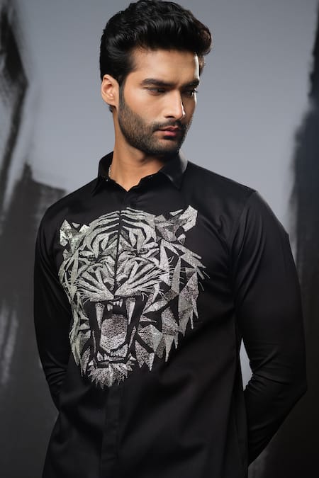 Sanjana Reddy Designs Black Cotton Cut Work 3d Tiger Face Hand Embroidered Shirt Online at Aza Fashions Sanjana Reddy Designs_Black Cotton Cut Work 3d Tiger Face Hand Embroidered Shirt _Online_at_Aza_Fashions