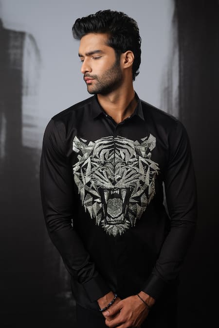 Buy Sanjana Reddy Designs Black Cotton Cut Work 3d Tiger Face Hand Embroidered Shirt Online at Aza Fashions Buy_Sanjana Reddy Designs_Black Cotton Cut Work 3d Tiger Face Hand Embroidered Shirt _Online_at_Aza_Fashions
