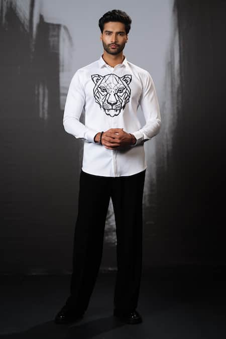 Sanjana reddy Designs White Stretchable Cotton Embroidery Cutdana Tiger Face Shirt