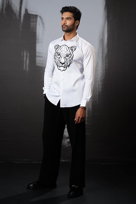 Shop Sanjana Reddy Designs White Stretchable Cotton Embroidery Cutdana Tiger Face Shirt at Aza Fashions Shop_Sanjana Reddy Designs_White Stretchable Cotton Embroidery Cutdana Tiger Face Shirt _at_Aza_Fashions
