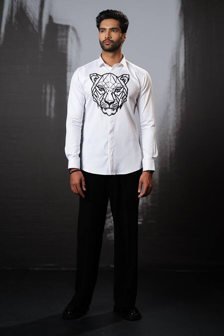 Sanjana Reddy Designs White Stretchable Cotton Embroidery Cutdana Tiger Face Shirt Online at Aza Fashions Sanjana Reddy Designs_White Stretchable Cotton Embroidery Cutdana Tiger Face Shirt _Online_at_Aza_Fashions