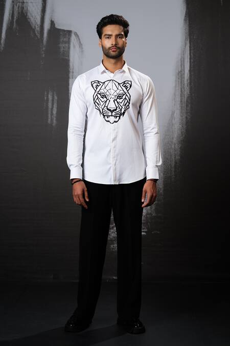 Buy Sanjana Reddy Designs White Stretchable Cotton Embroidery Cutdana Tiger Face Shirt Online at Aza Fashions Buy_Sanjana Reddy Designs_White Stretchable Cotton Embroidery Cutdana Tiger Face Shirt _Online_at_Aza_Fashions